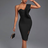 Aurora - Black One Shoulder Ruffle Bandage Dress